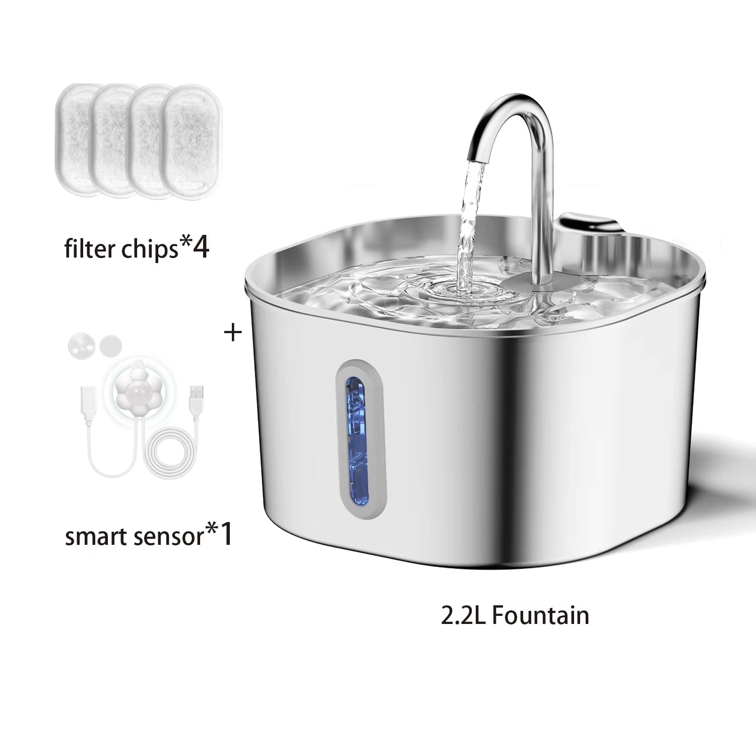 2.2L Automatic Water Fountain Stainless Steel Pet Water Feeder Cat/Dog Drink Bowl Water Dispenser Silent with Window