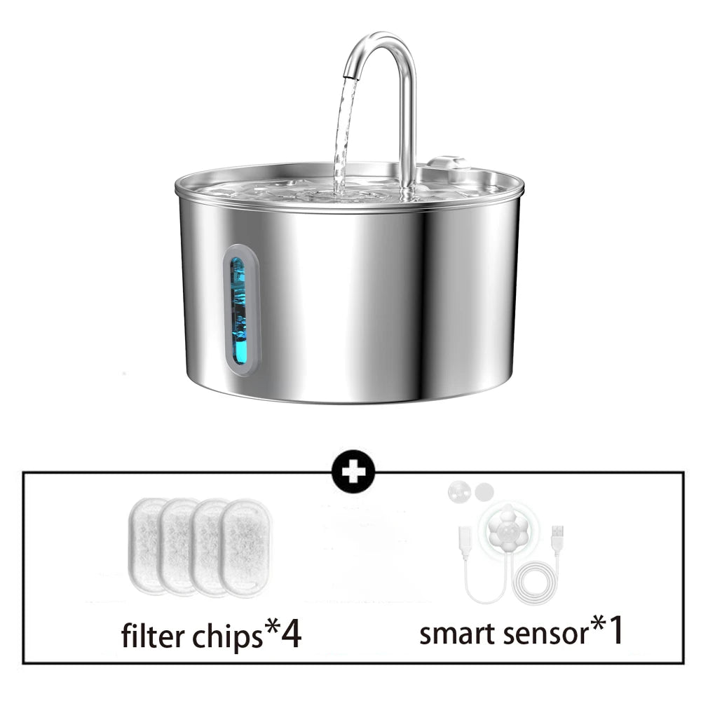 2.2L Automatic Water Fountain Stainless Steel Pet Water Feeder Cat/Dog Drink Bowl Water Dispenser Silent with Window