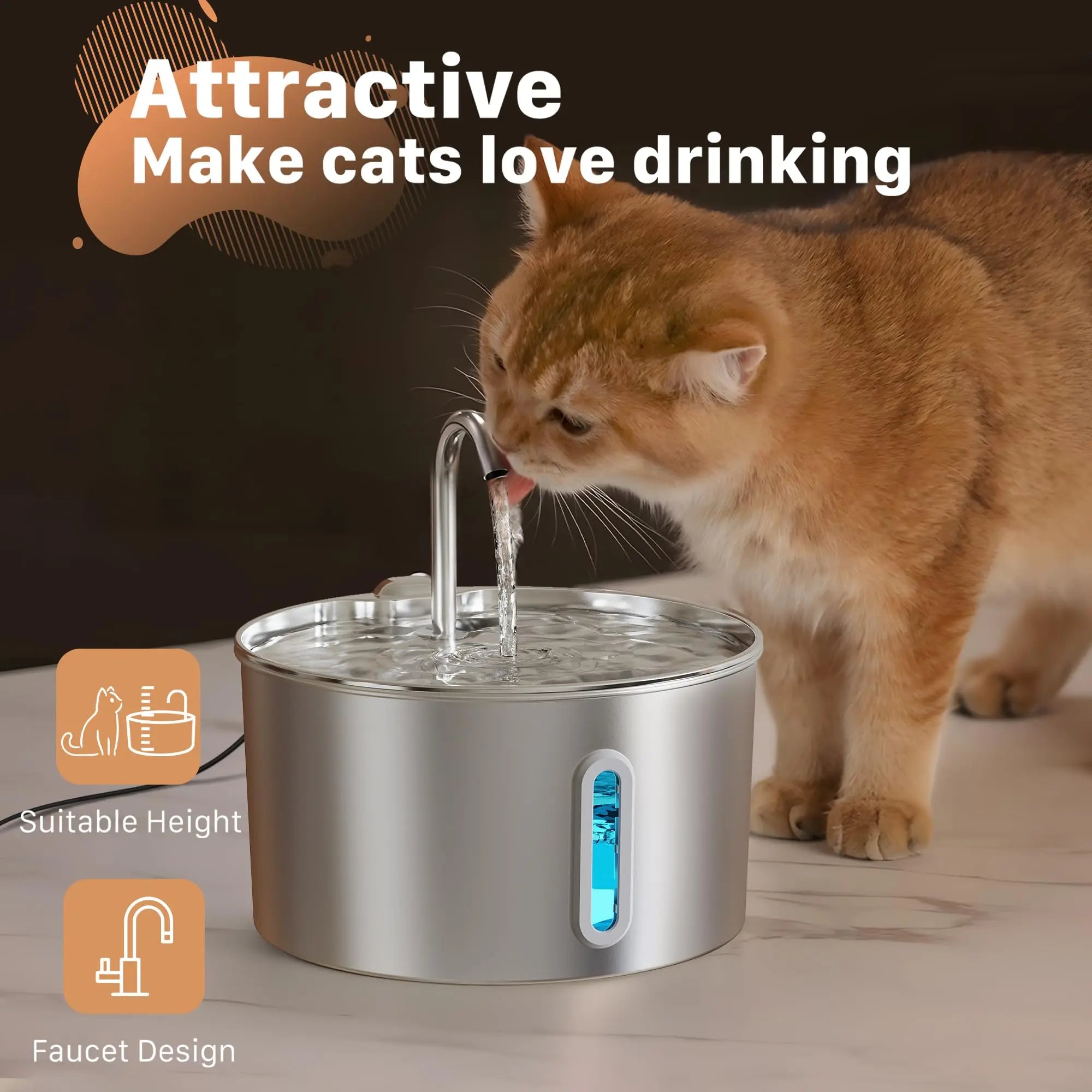 2.2L Automatic Water Fountain Stainless Steel Pet Water Feeder Cat/Dog Drink Bowl Water Dispenser Silent with Window